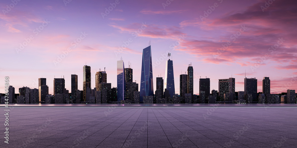 空的混凝土瓷砖地板与城市天际线的全景。