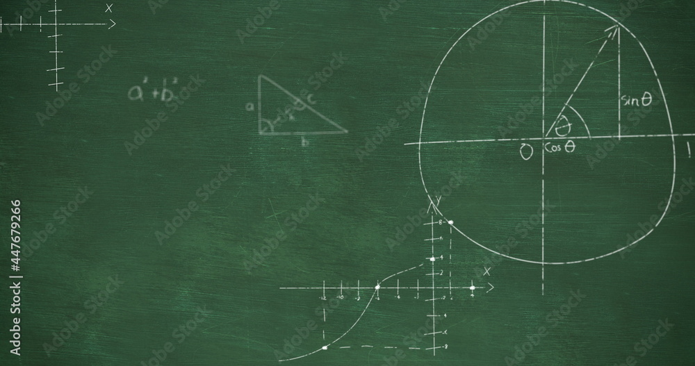 用粉笔写的数学方程式从绿色黑板背景4k升起