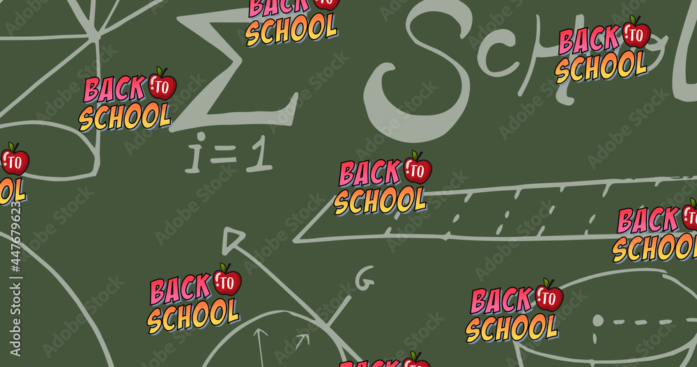 在用粉笔写着数学方程的绿色黑板上，重复文本回到学校的图像