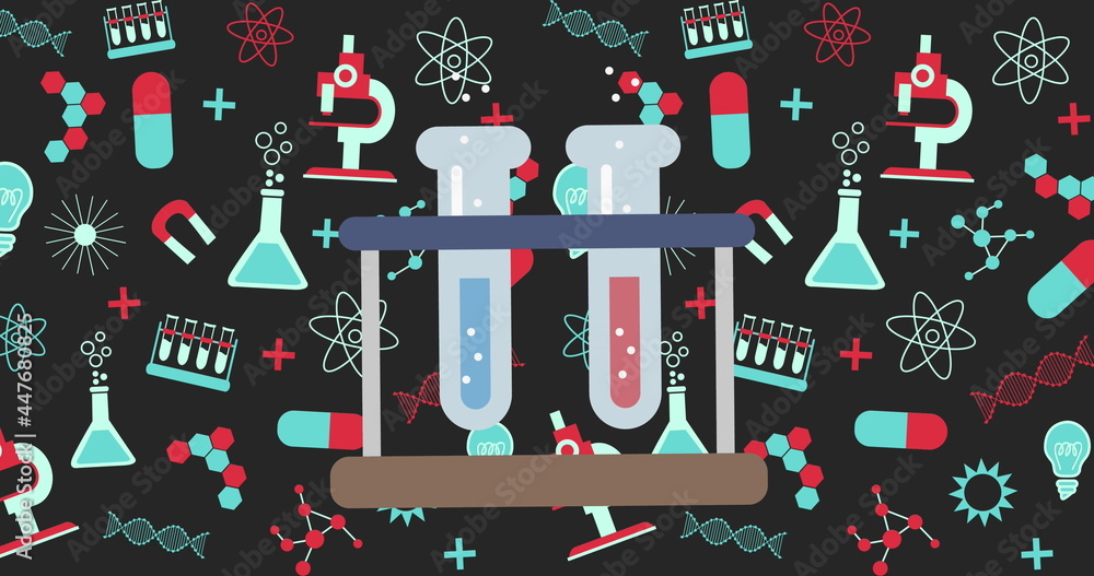 试管图标与黑色背景上的科学概念图标