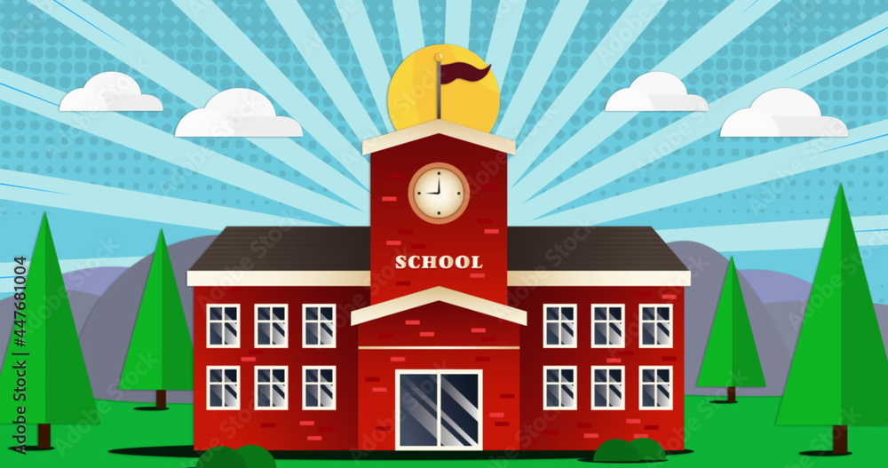 School building icon against sky in background