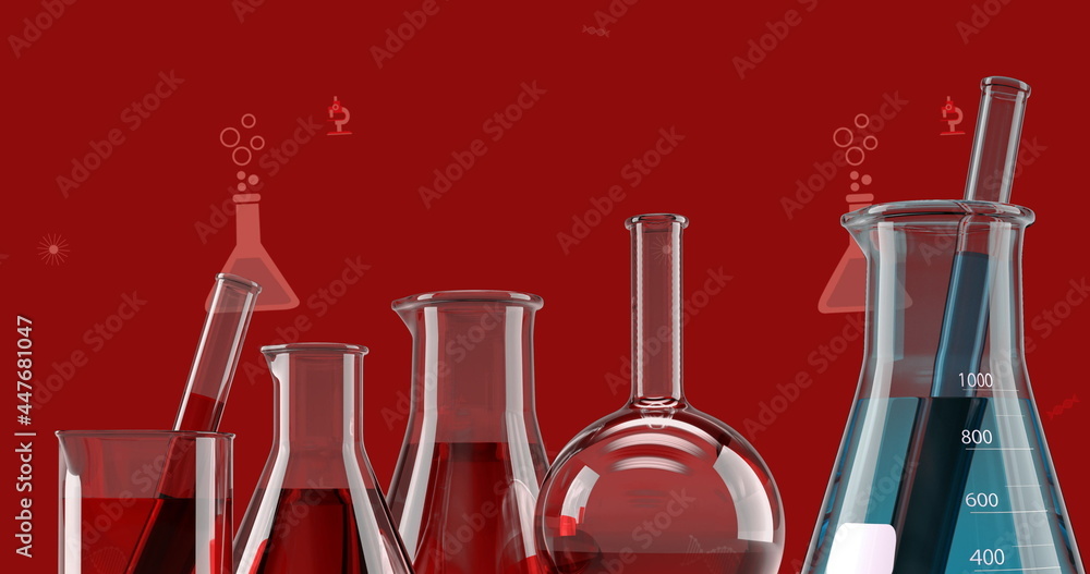 多个实验室烧杯对抗红地上的科学概念图标
