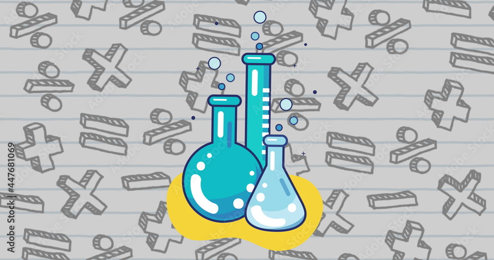 实验室烧杯图标与白线纸上的数学符号相对