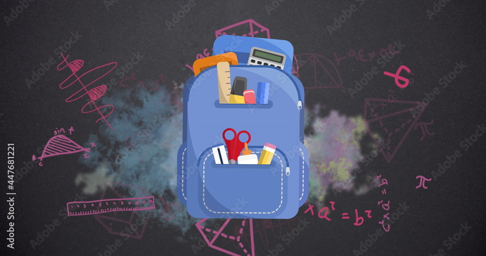 School Bag against mathematical equations on black background