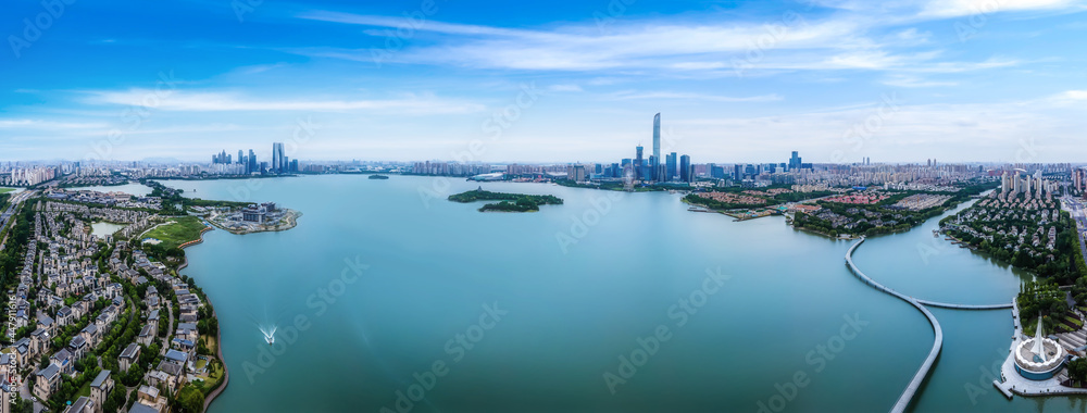 航拍苏州城市建筑景观天际线全景图