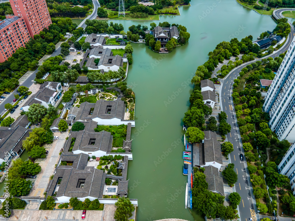 Aerial photography of Chinese garden landscape in Xietang Old Street of Suzhou Canal