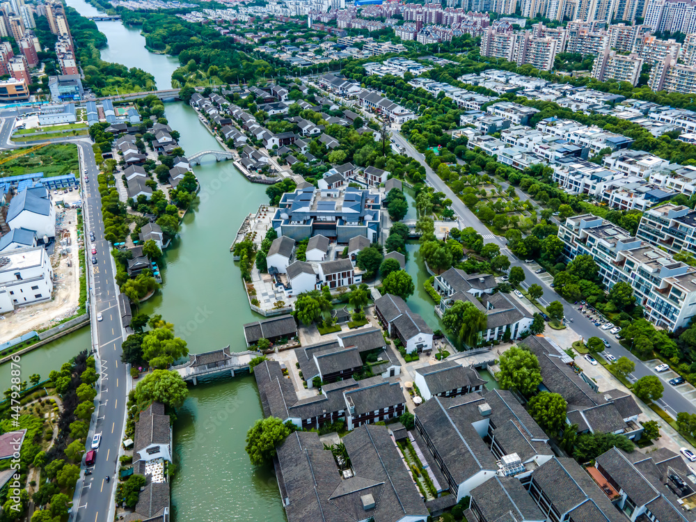 Aerial photography of Chinese garden landscape in Xietang Old Street of Suzhou Canal