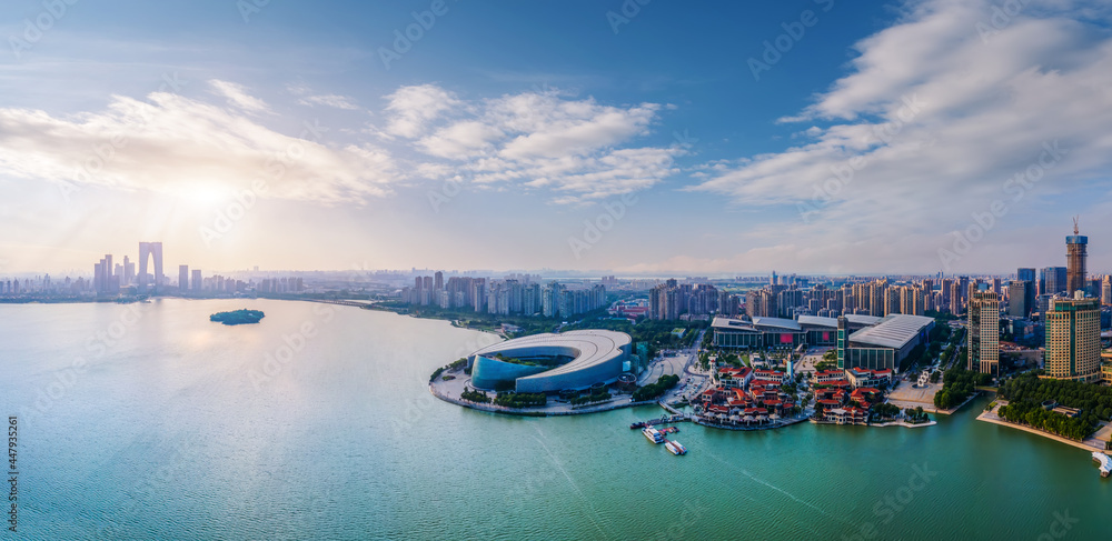 Aerial panoramic view of the skyline of Suzhou Lake East Financial Center