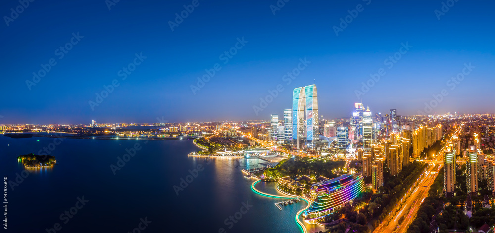 Aerial photography of the night view of Suzhou Financial Center