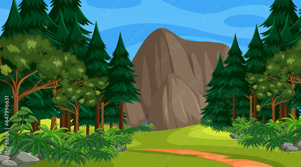 Forest scene with various forest trees and rock mountain