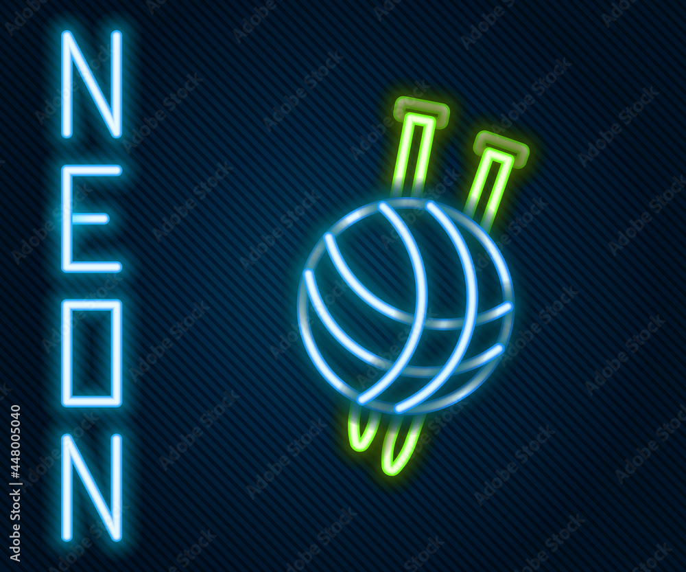 Glowing neon line Yarn ball with knitting needles icon isolated on black background. Label for hand 