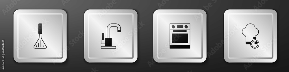 Set Barbecue spatula, Water tap, Oven and Chef hat icon. Silver square button. Vector