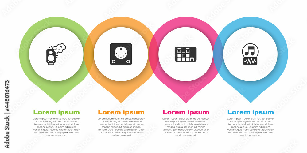 设置立体声扬声器、鼓机、音乐均衡器和音符、音调。商业信息图模板。Vec