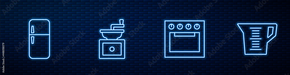 设置线烤箱、冰箱、手动咖啡研磨机和量杯。砖墙上闪闪发光的霓虹灯图标