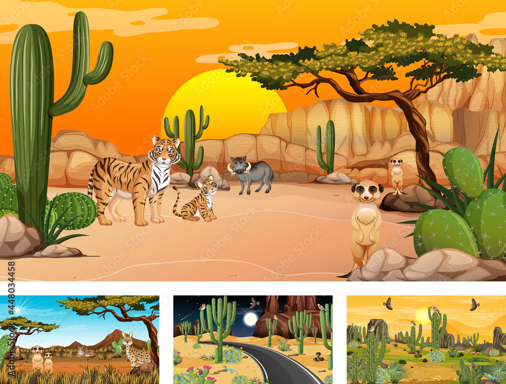 Different desert forest scenes with animals and plants