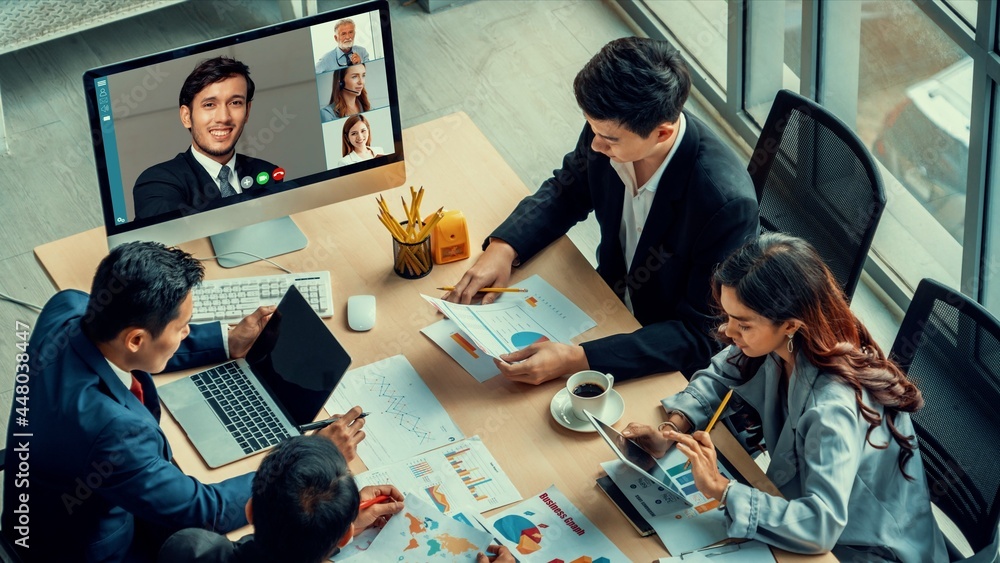 Video call group business people meeting on virtual workplace or remote office. Telework conference 