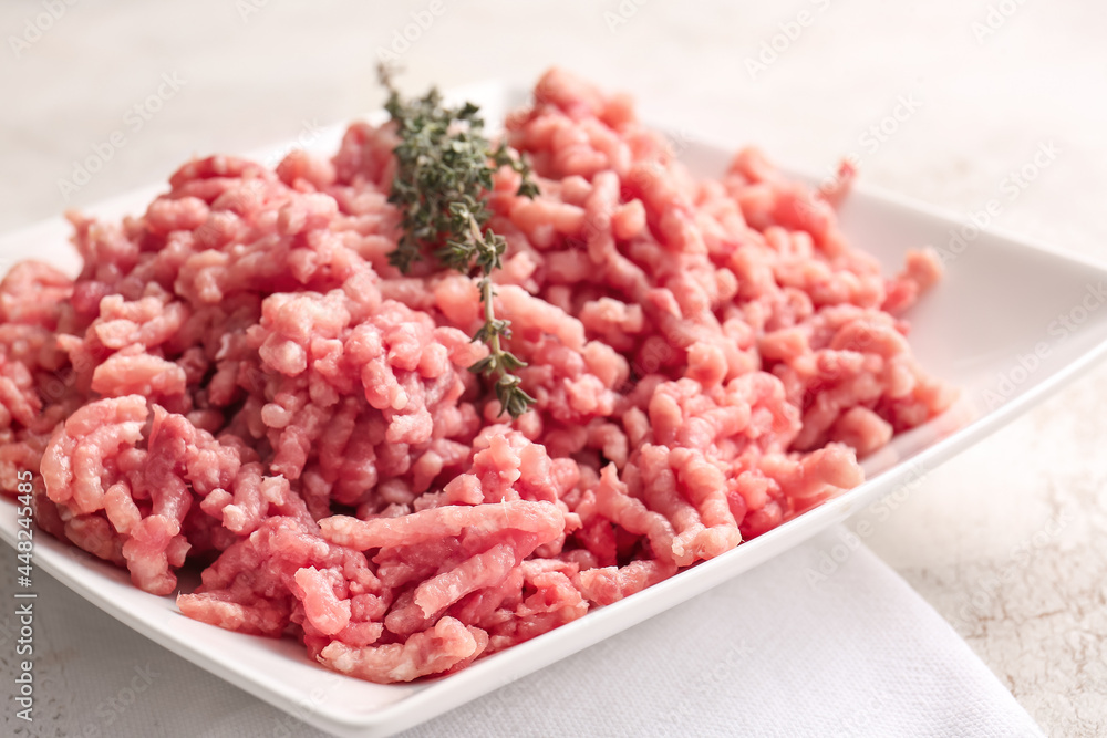 Plate with fresh forcemeat on light background, closeup