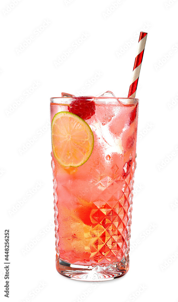 Glass with tasty raspberry lemonade on white background