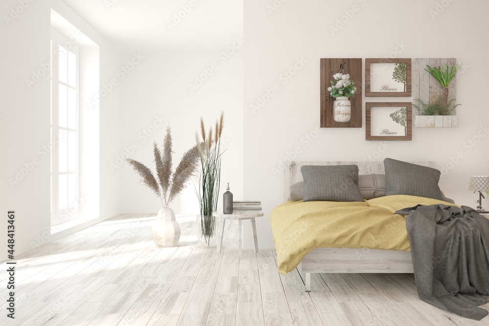 Soft color bedroom interior. Scandinavian design. 3D illustration