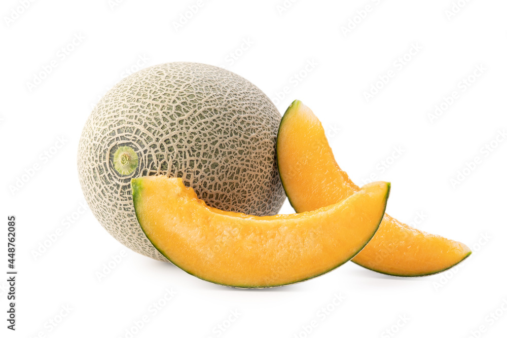 Close up of beautiful slices cantaloupe isolated on white background.