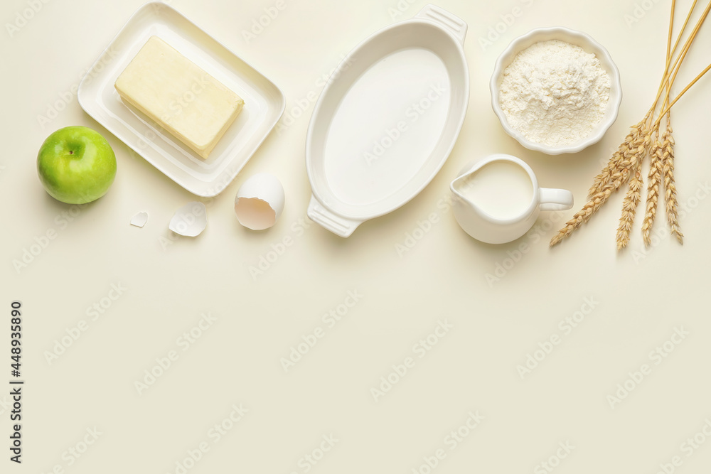 Ingredients for preparing bakery on light background