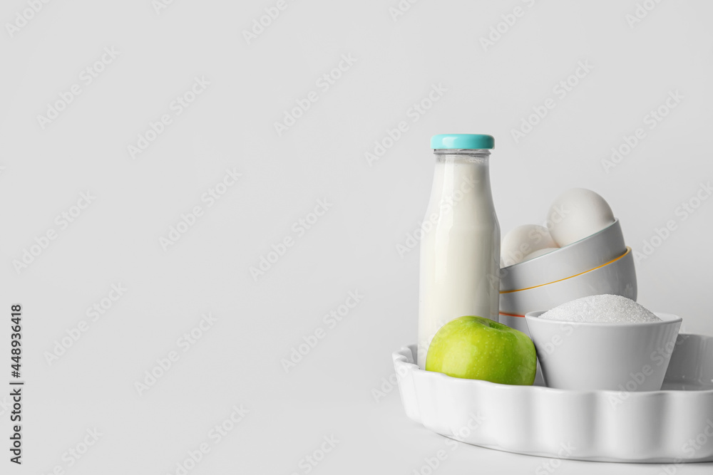 Ingredients for preparing bakery on white background