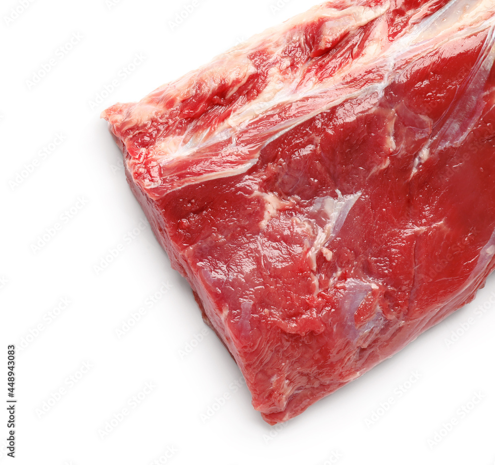 Raw beef brisket on white background, closeup