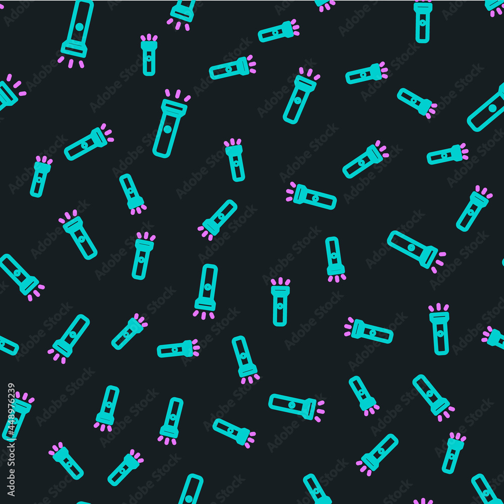 Line Flashlight icon isolated seamless pattern on black background. Vector Illustration