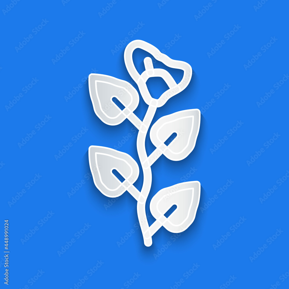 Paper cut Ivy branch icon isolated on blue background. Branch with leaves. Paper art style. Vector