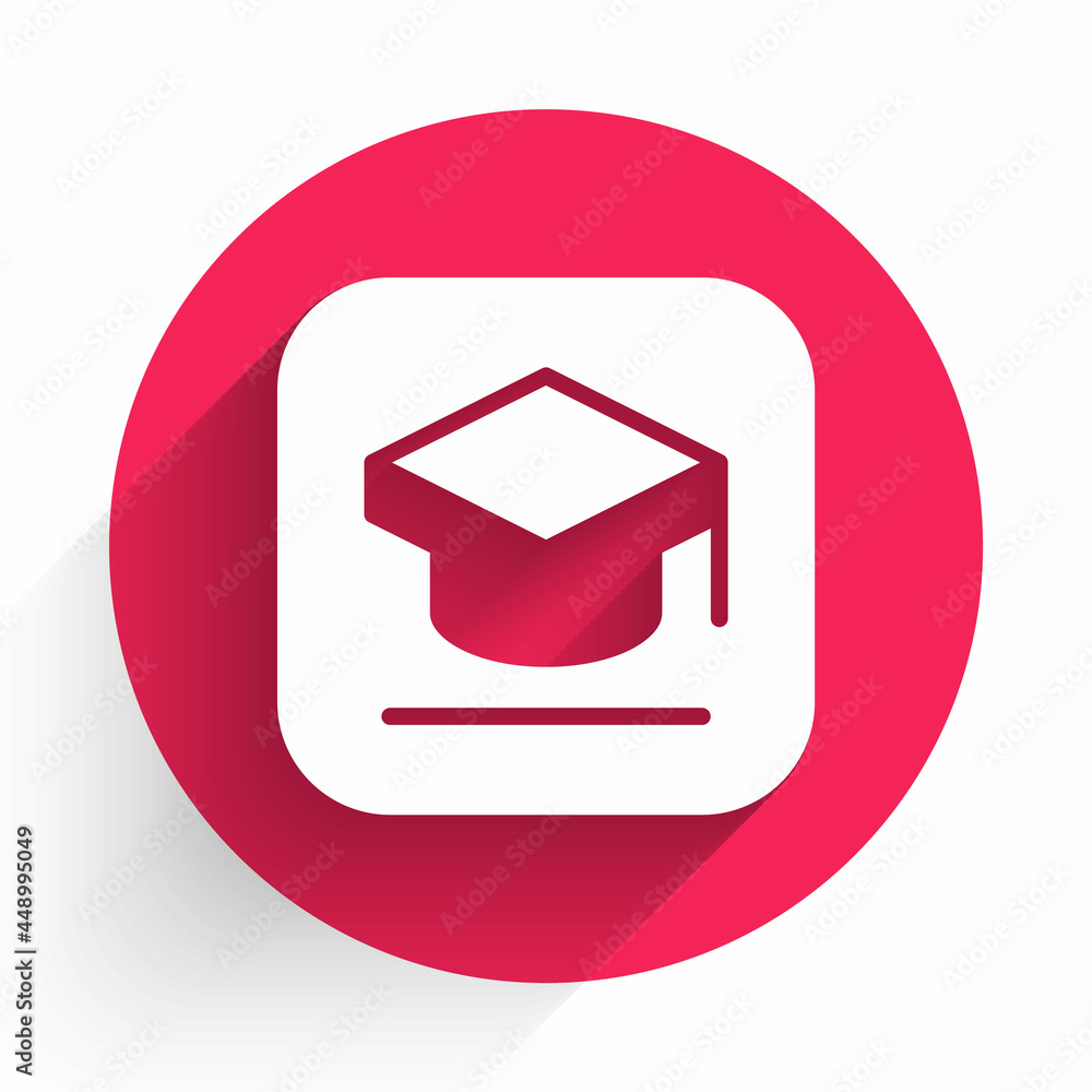 White Graduation cap icon isolated with long shadow. Graduation hat with tassel icon. Red circle but