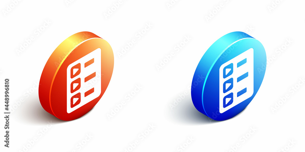 Isometric Music playlist icon isolated on white background. Orange and blue circle button. Vector