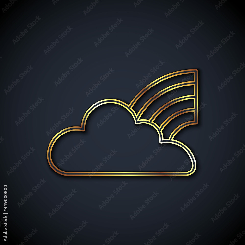 Gold line Rainbow with clouds icon isolated on black background. Vector