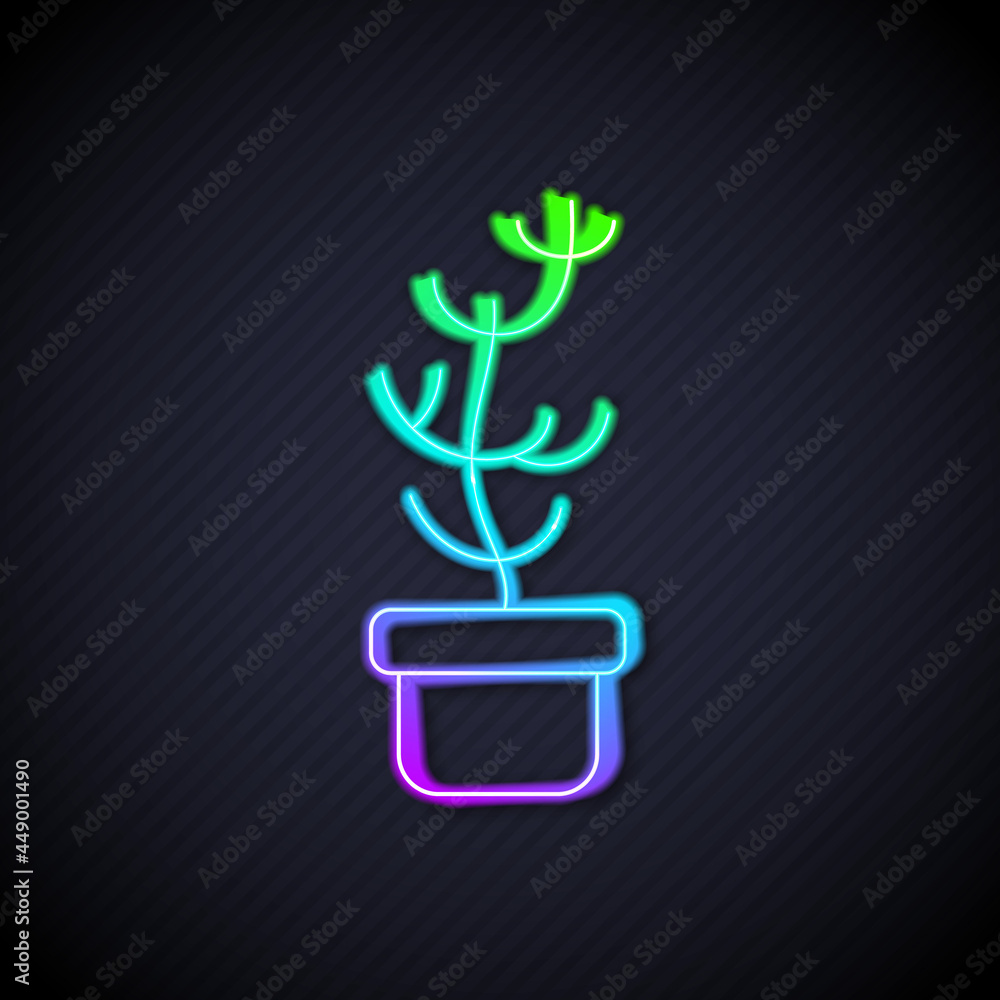 Glowing neon line Exotic tropical plant in pot icon isolated on black background. Vector