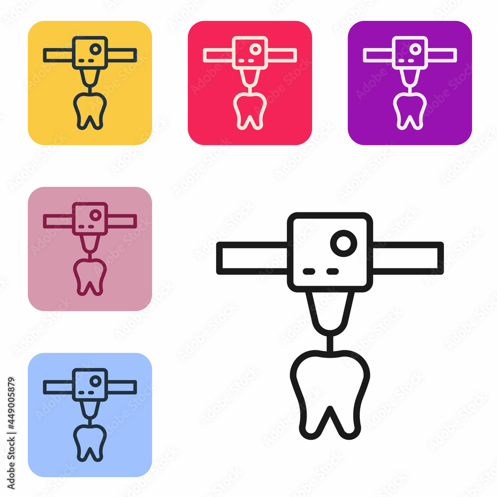 黑线3D打印机牙齿图标隔离在白色背景上。3D打印。将图标设置为彩色正方形