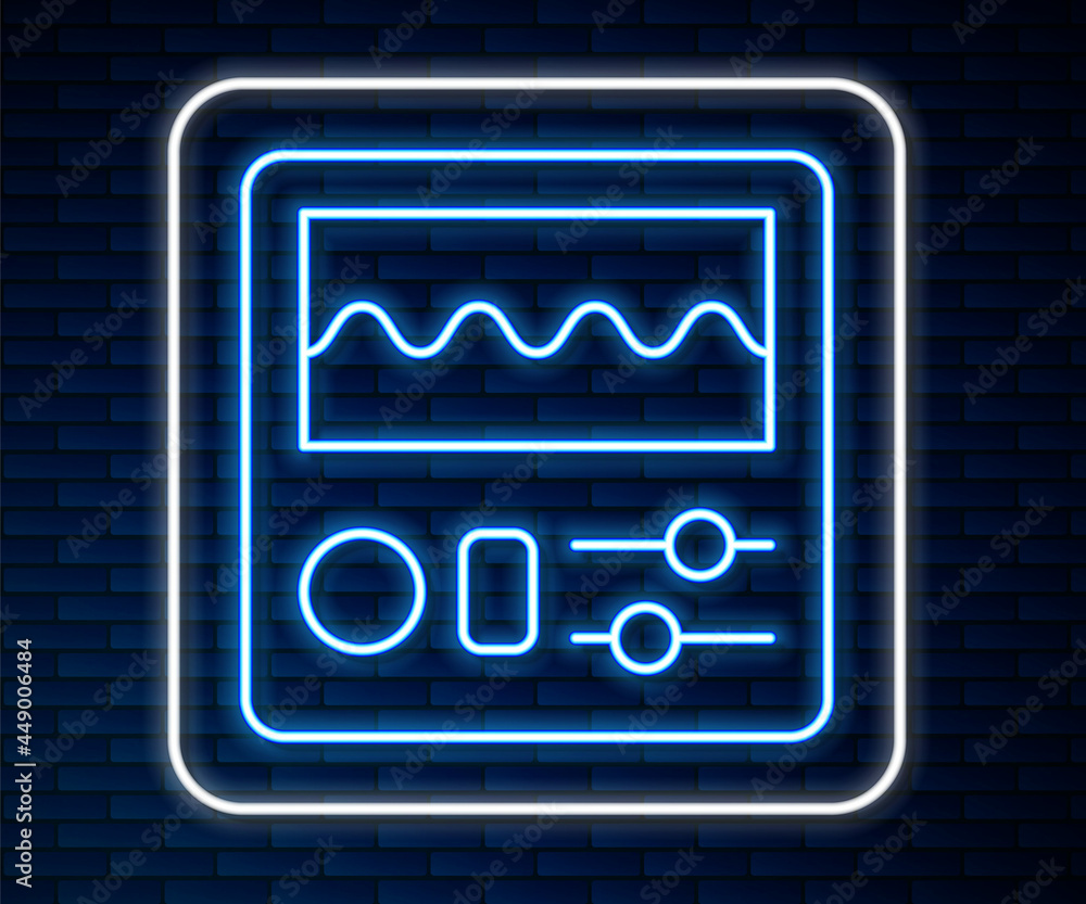 在砖墙背景上隔离的闪闪发光的霓虹线鼓机图标。音乐设备。矢量