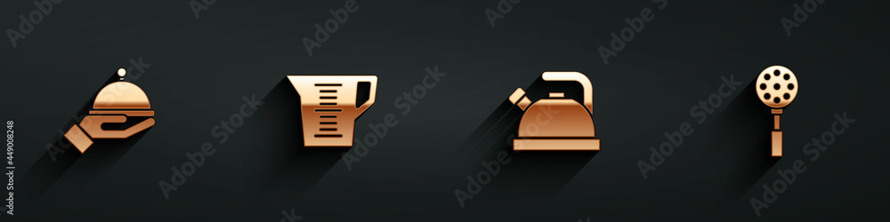 Set Covered with tray, Measuring cup, Kettle handle and Spatula icon with long shadow. Vector