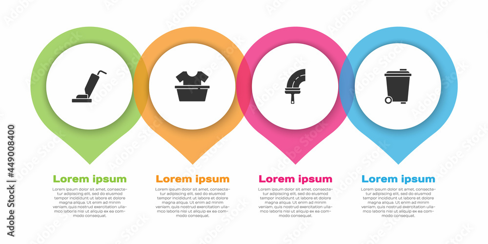 套装吸尘器、衬衫盆、窗户橡胶和垃圾桶。商业信息图模板