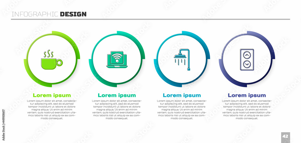 套装咖啡杯，无线笔记本电脑，淋浴和电梯。商业信息图模板。矢量