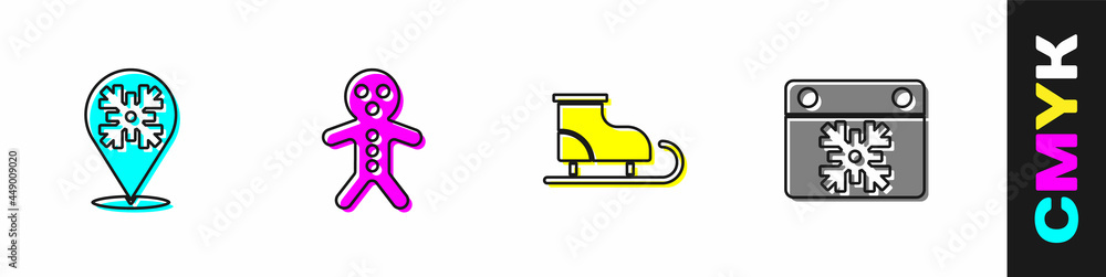 设置雪花、假日姜饼人饼干、花样滑冰鞋和日历图标。矢量