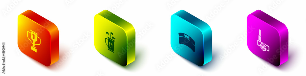 Set Isometric Award cup with golf, Golf bag clubs, Sun visor cap and ball icon. Vector