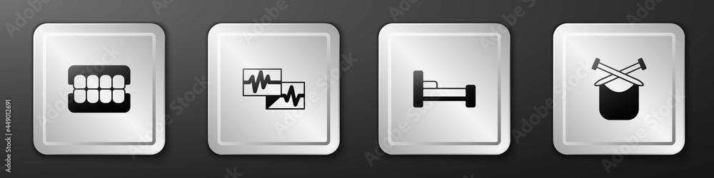 设置假下巴，心电图监视器，床和针织图标。银色方形按钮。矢量