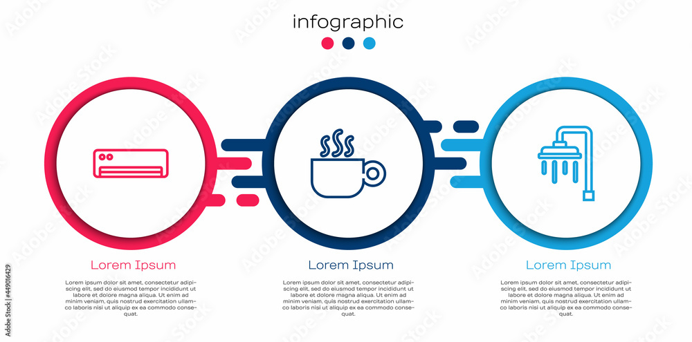 Set line Air conditioner, Coffee cup and Shower. Business infographic template. Vector