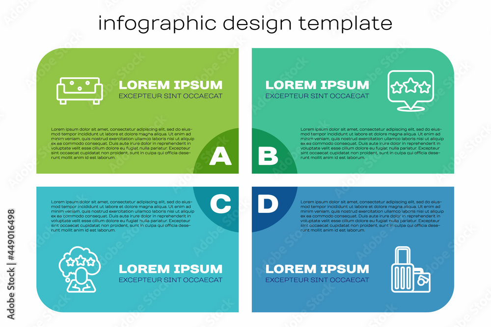 Set line Five stars rating review, Sofa, Suitcase and . Business infographic template. Vector