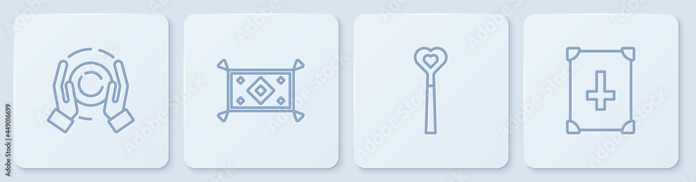 Set line Magic ball on hand, wand, carpet and Ancient magic book. White square button. Vector