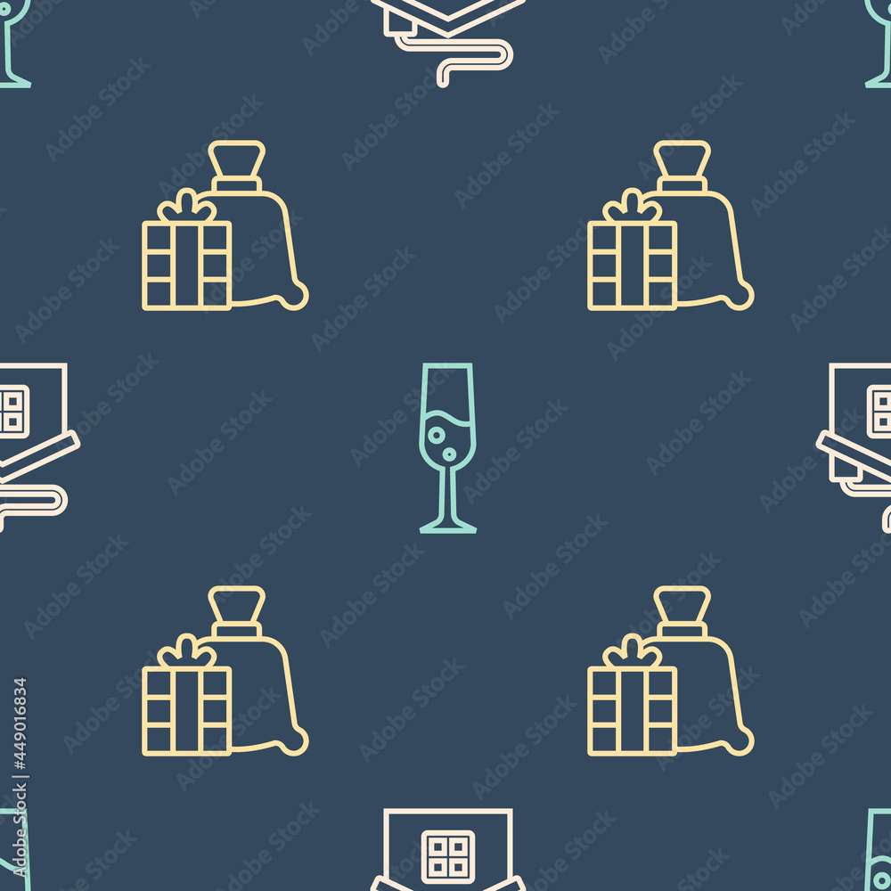 Set line Merry Christmas house, Santa Claus bag gift and Glass of champagne on seamless pattern. Vec