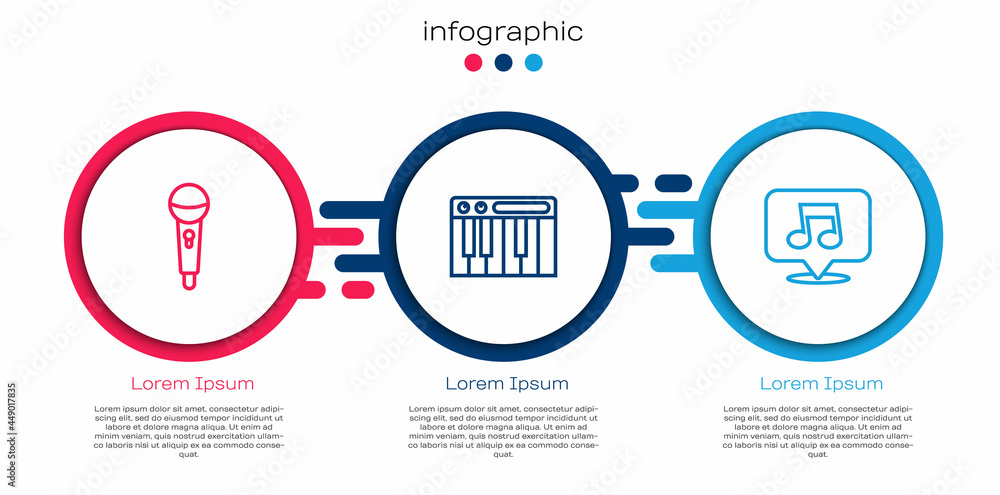 设置线路麦克风、音乐合成器和音符、音调。商业信息图模板。矢量