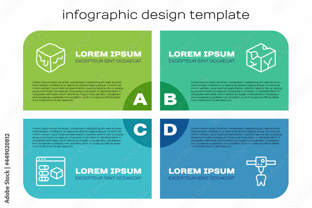 设置线3D打印机，等角立方体，牙齿和.Business信息图模板.Vvector