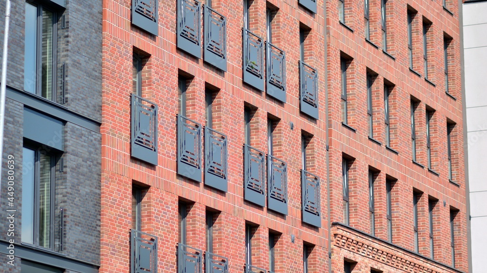 Detailed view of modern townhouses in row of. Original townhouses in a residential area. Buildings p