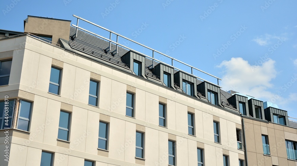 Detailed view of modern townhouses in row of. Original townhouses in a residential area. Buildings p