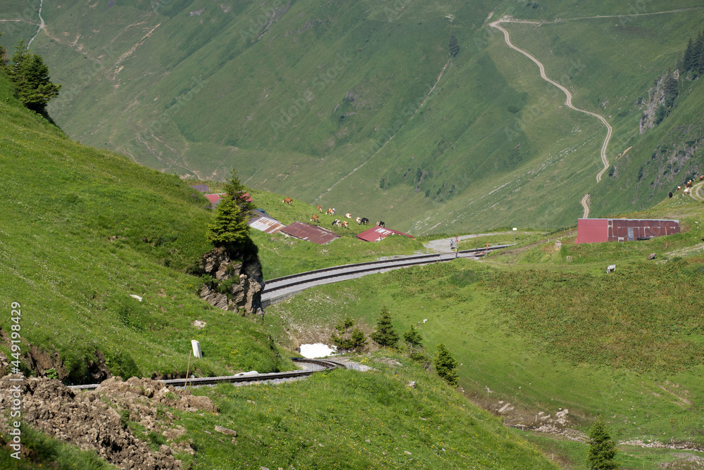 Brienzer-Rothorn风景山，带有Brienz-Rothorn铁路的齿轮轨道。照片